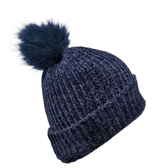 LOFT Other - LOFT Beanie Hat Blue One Size Stretch Ribbed Knit Pom Pom Fleece Blank